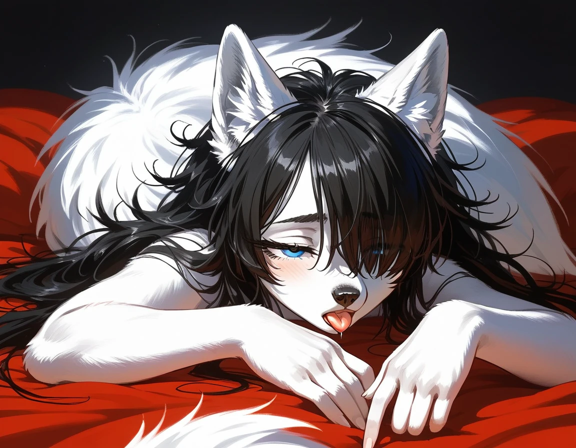 score_9,score_8_up,score_7_up, (a young nerdy Anthro furry wolf woman, wolf snout, white furry body, white fur, detailed fur, tall, long black messy hair, black hair, hair in a pony tail, white wolf tail, blue eyes, lying on her back, on a bed, front view, portrait, ahegao, :O, eyes half closed, hair covering one eye