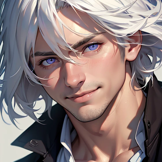 (realistic:1.37,best quality,4k,8k,highres,masterpiece:1.2),ultra-detailed,jovem,masculine Caucasian,deep purple eyes,gentle smile,simple clothing,school atmosphere,medium hair,white hair,slight smile.