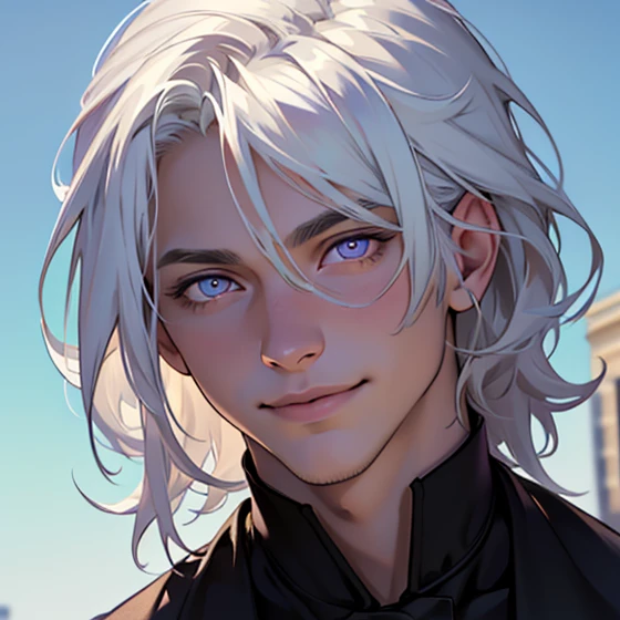 (realistic:1.37,best quality,4k,8k,highres,masterpiece:1.2),ultra-detailed,jovem,masculine Caucasian,deep purple eyes,gentle smile,simple clothing,school atmosphere,medium hair,white hair,slight smile.