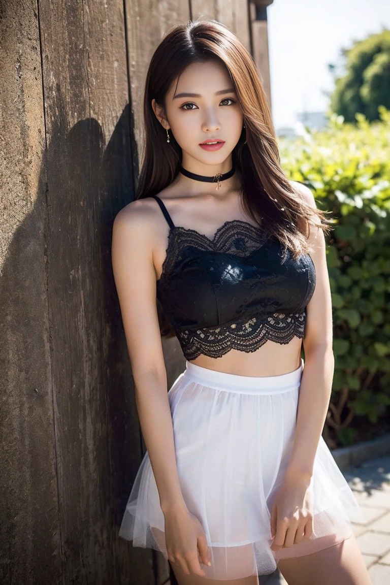 Dark brown hair、Light brown eyes、Japanese actress、 Lady、I am about 40 years old...、(Intricate details:1.2)、(Which is the top???????:1.4)、 (Ultra-high resolution:1.2)、Ultra-high resolution、(Finely tuned)、(Detailed facial features)、8K resolution、D cup size breasts、Long Hair、masterpiece,Highest quality、street、choker、Voluminous tulle mini skirt、Leaning against a wall、Beautiful legs、Crop top、landscape、