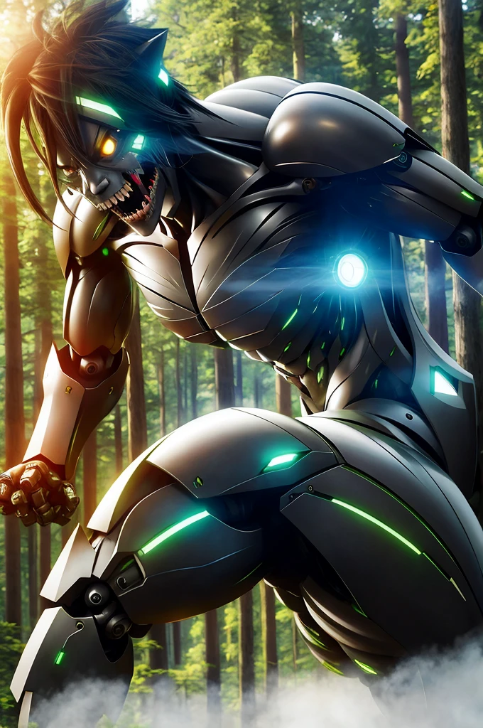 attack_Giant, Half Body, sunlight, forest, Head Focus, Sharp teeth、robot、Futuristic