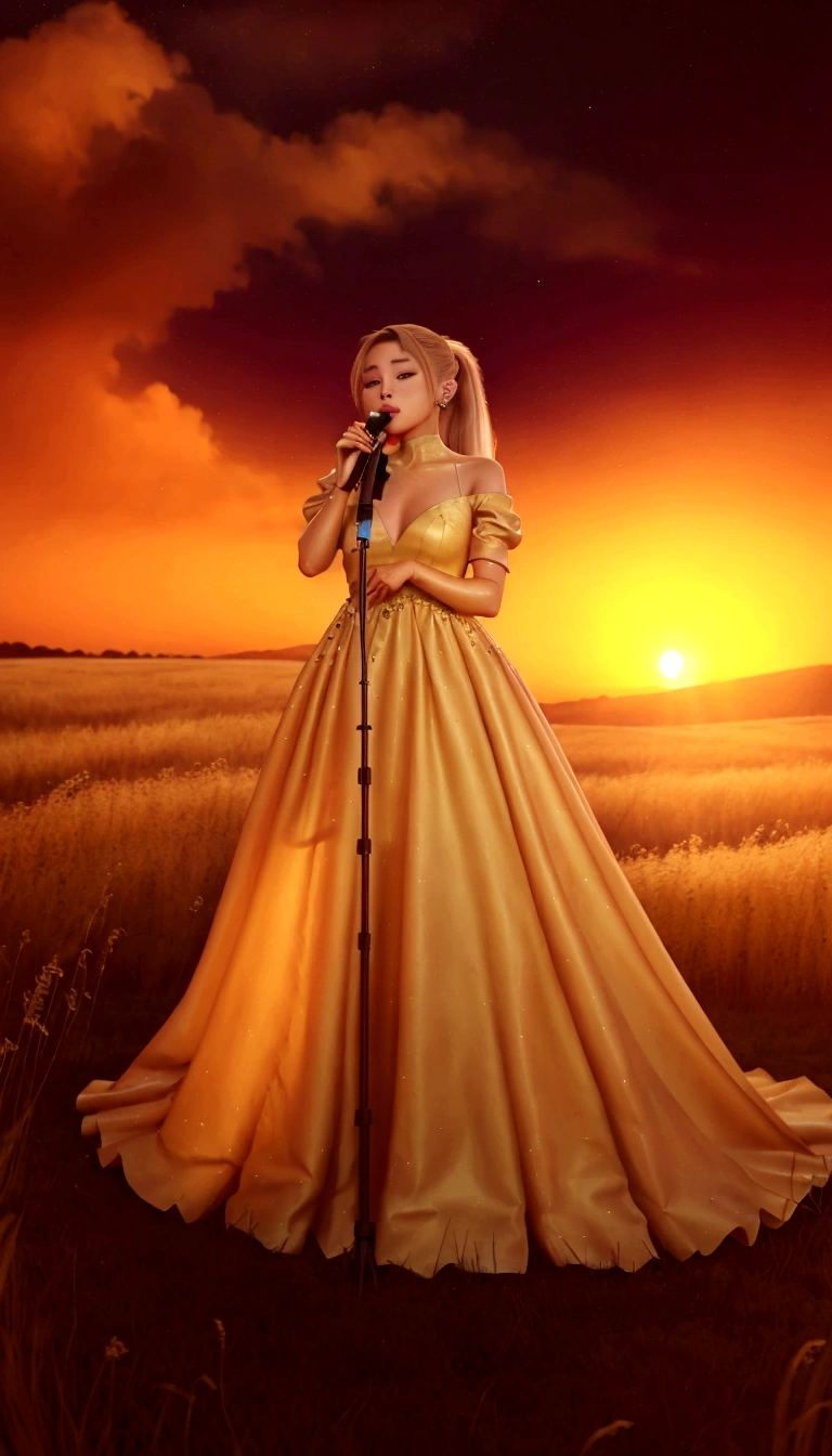 Ariana Grande in a long dress singing into a microphone in a field, blonde ponytail, foreground background, performing, flowing gown, wearing a dress made of stars, bathed in golden light, sunset