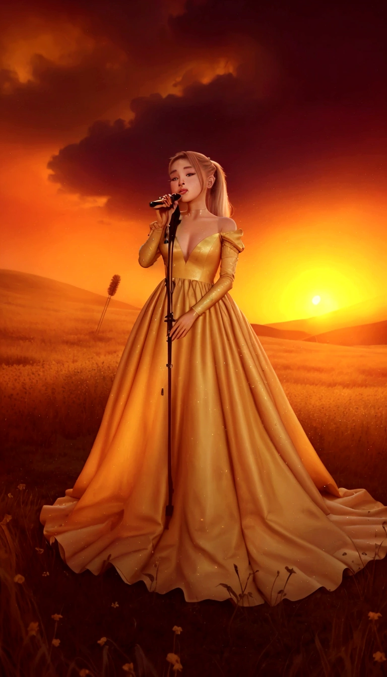 Ariana Grande in a long dress singing into a microphone in a field, blonde ponytail, foreground background, performing, flowing gown, wearing a dress made of stars, bathed in golden light, sunset