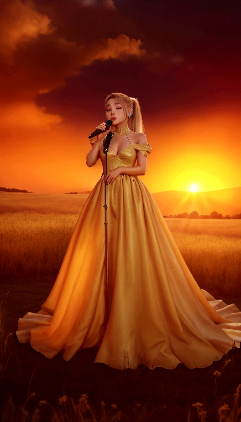 Ariana Grande in a long dress singing into a microphone in a field, blonde ponytail, foreground background, performing, flowing gown, wearing a dress made of stars, bathed in golden light, sunset