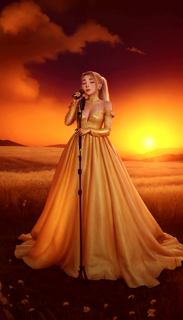 Ariana Grande in a long dress singing into a microphone in a field, blonde ponytail, foreground background, performing, flowing gown, wearing a dress made of stars, bathed in golden light, sunset