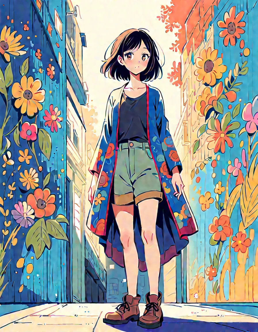 Kishida Mel style, Standing in front of a high wall,Simple Line Initialism,Abstract art,Urban Background, (((The most beautiful girl))), colorful flowers