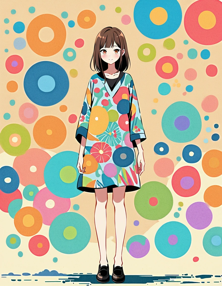 Kishida Mel style, Standing in front of a high wall,Simple Line Initialism,Abstract art,Urban Background, (((The most beautiful girl))), colorful flowers