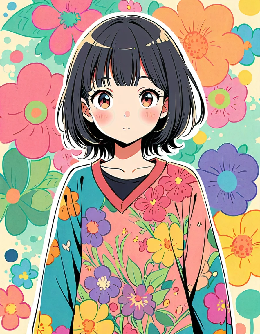 Kishida Mel style, Standing in front of a high wall,Simple Line Initialism,Abstract art,Urban Background, (((The most beautiful girl))), colorful flowers