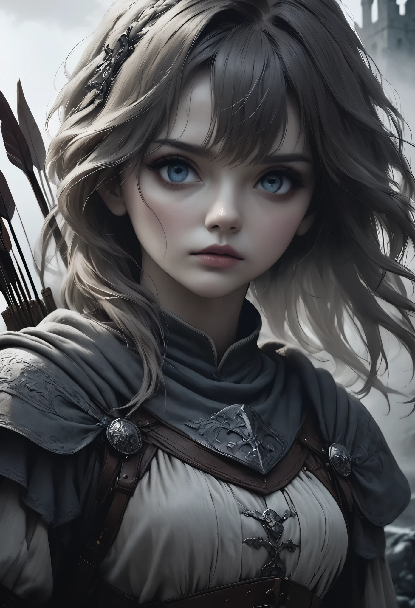 1girl, medieval castle, woman with bow and arrows, detailed facial features, beautiful eyes, detailed skin, detailed hair, adventurous expression, dramatic lighting, cinematic composition, muted color palette, atmospheric fog, (best quality,4k,8k,highres,masterpiece:1.2),ultra-detailed,(realistic,photorealistic,photo-realistic:1.37)