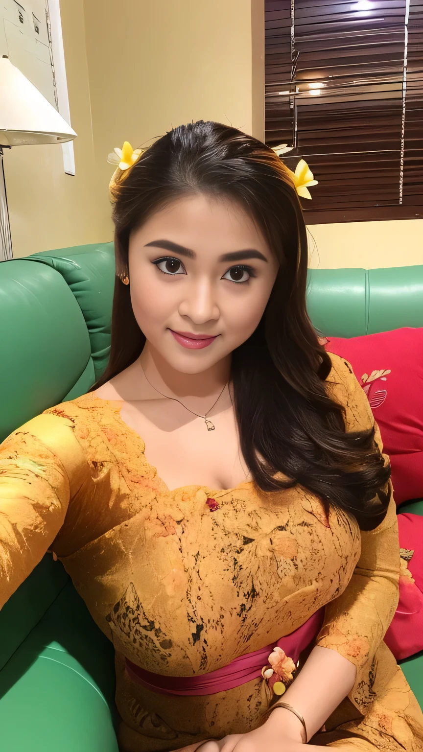 a close up of a woman with a flower in her hair,she has a cute face, her face looks like an orchid, big boob, sit down in sofa, unreal ungine 5, sakimichan, with round face, 8k selfie photograph, kebaya