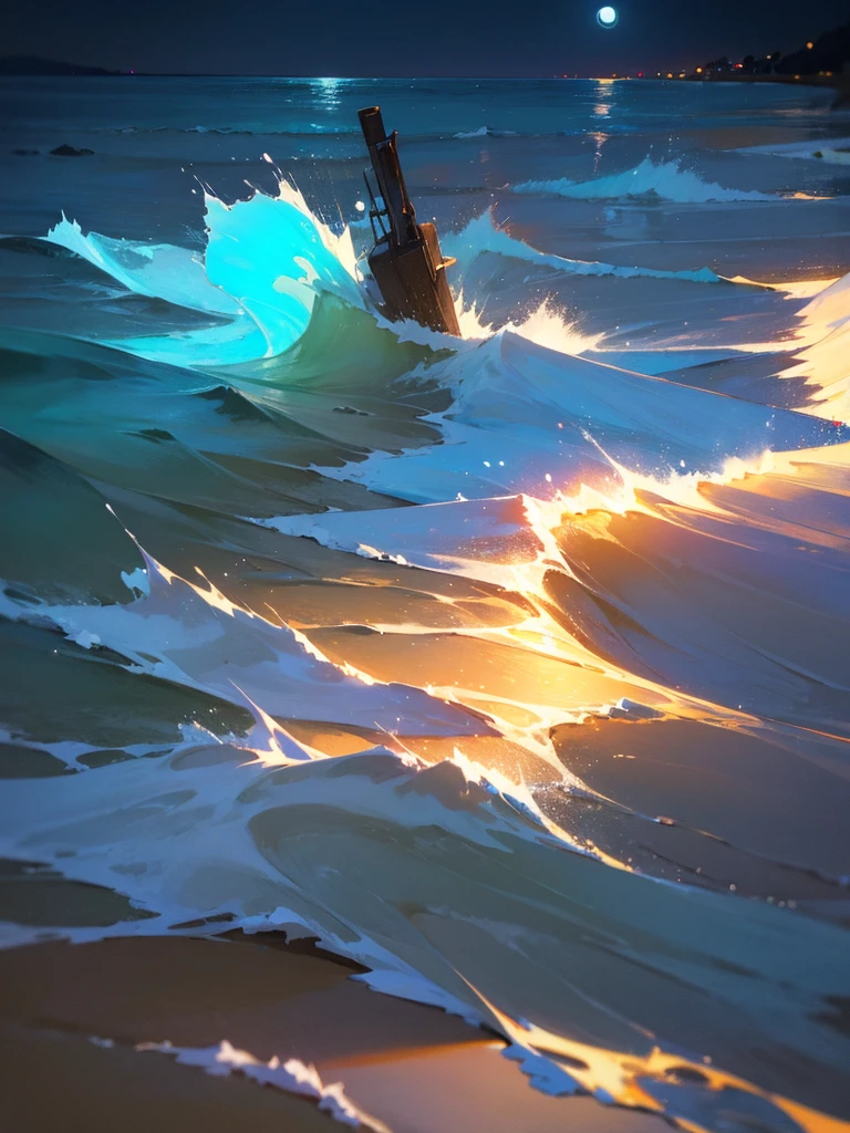 (masterpiece, best quality:1.2), moonlit beach, glowing waves, party, splashing water