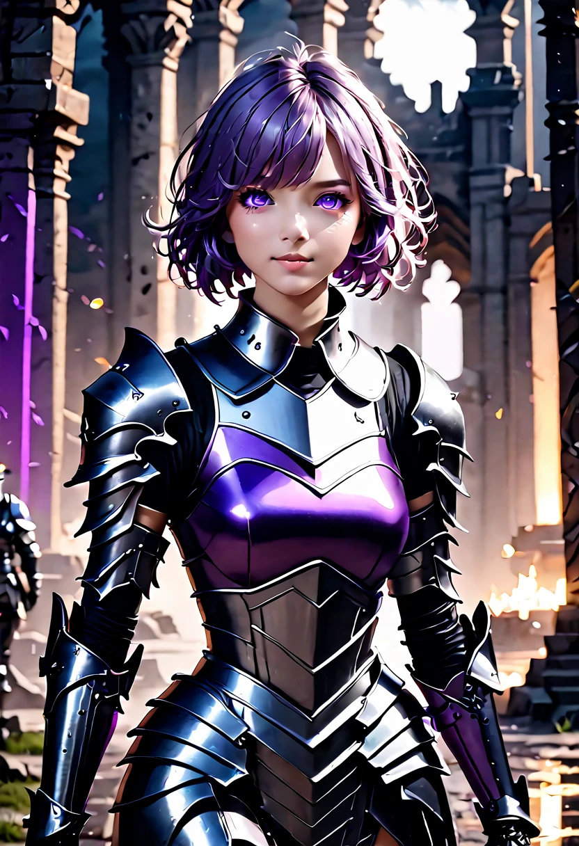 (masterpiece, top quality, best quality, beautiful and aesthetic:1.2), full body, SFW, extremely detailed, detailed face and eyes, cinematic light, depth of field, 1girl, seducing smile, solo, official, (full armored knight:1.4), dark armor, mash kyrielight, light purple hair, short hair, hair over one eye, slim body, cinematic lighting, dramatic lighting, dramatic atmosphere, hyper-realistic, high resolution, stunning contrast, high quality, best quality, 8k, 4k, intricately detailed, (amazing details:1.2), highly detailed skin, powerful presence, vibrant colors, (detailed eyes:1.2), striking eyes, (detailed background), (warzone on background, night, ruins), (dynamic angle:1.2), (dynamic pose:1.2)