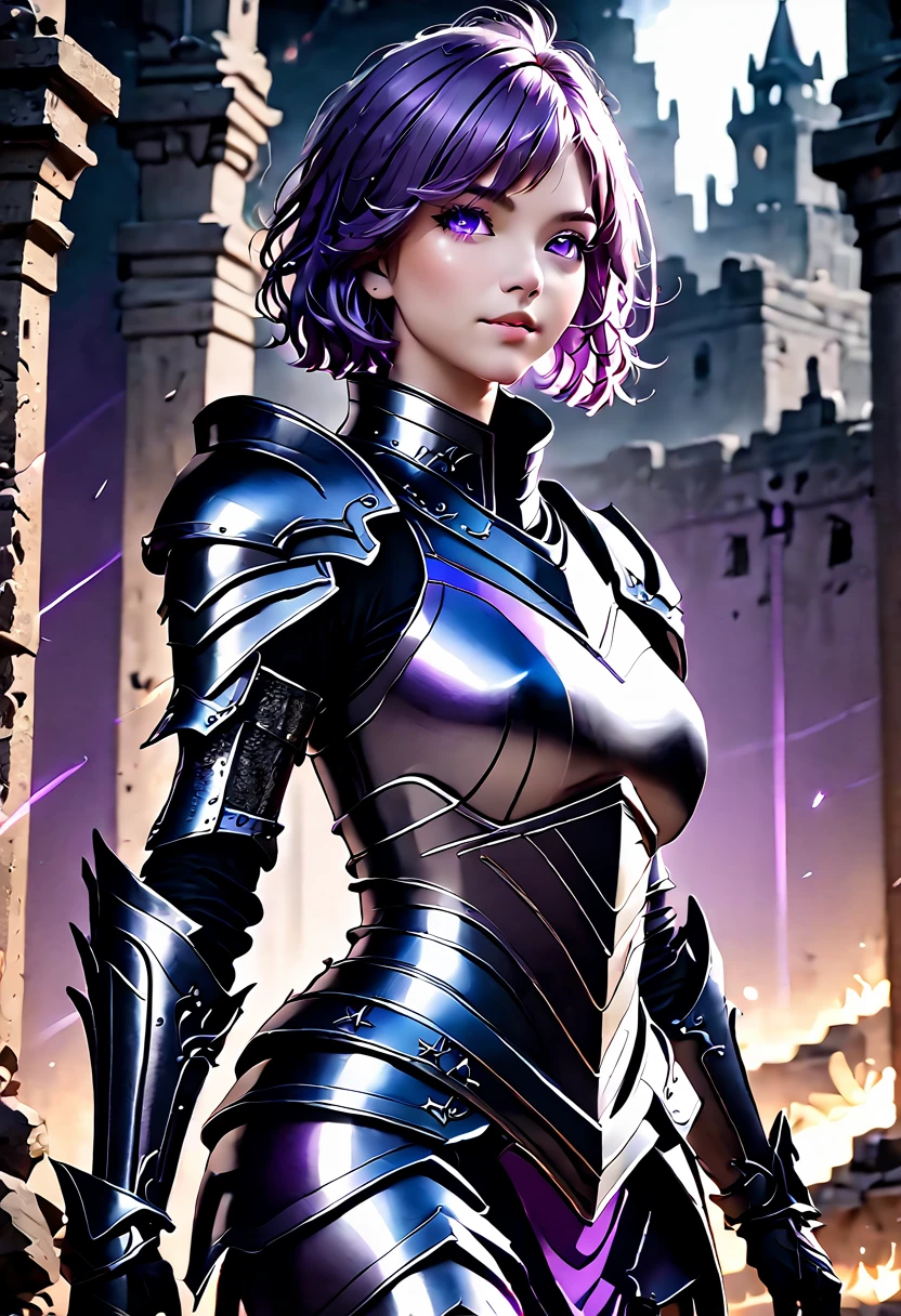 (masterpiece, top quality, best quality, beautiful and aesthetic:1.2), full body, SFW, extremely detailed, detailed face and eyes, cinematic light, depth of field, 1girl, seducing smile, solo, official, (full armored knight:1.4), dark armor, mash kyrielight, light purple hair, short hair, hair over one eye, slim body, cinematic lighting, dramatic lighting, dramatic atmosphere, hyper-realistic, high resolution, stunning contrast, high quality, best quality, 8k, 4k, intricately detailed, (amazing details:1.2), highly detailed skin, powerful presence, vibrant colors, (detailed eyes:1.2), striking eyes, (detailed background), (warzone on background, night, ruins), (dynamic angle:1.2), (dynamic pose:1.2)