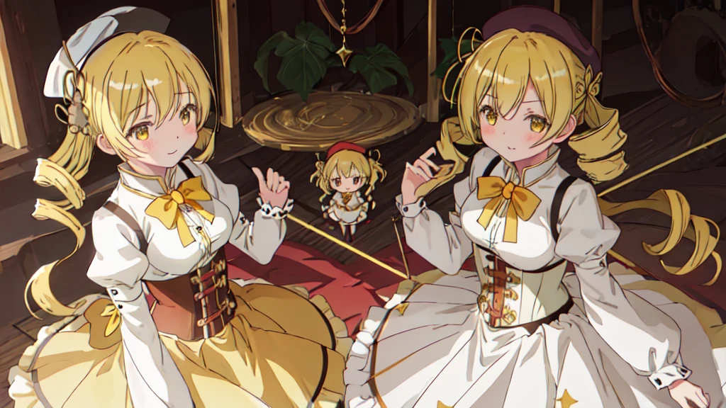 Highest quality, masterpiece, High resolution, alone, {-bar_Mami_Magical Girl Magi Madokesu:1.15}, blonde_hair, Drill_hair, twin_Drills, twintails, hair_ornament, yellow_eye, Magic_girl, 1girl, beret, blush, chest, corset, Have, Puffy_sleeve, independent_sleeve