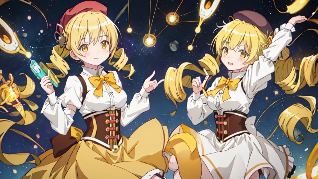 Highest quality, masterpiece, High resolution, alone, {-bar_Mami_Magical Girl Magi Madokesu:1.15}, blonde_hair, Drill_hair, twin_Drills, twintails, hair_ornament, yellow_eye, Magic_girl, 1girl, beret, blush, chest, corset, Have, Puffy_sleeve, independent_sleeve