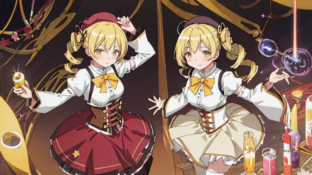 Highest quality, masterpiece, High resolution, alone, {-bar_Mami_Magical Girl Magi Madokesu:1.15}, blonde_hair, Drill_hair, twin_Drills, twintails, hair_ornament, yellow_eye, Magic_girl, 1girl, beret, blush, chest, corset, Have, Puffy_sleeve, independent_sleeve