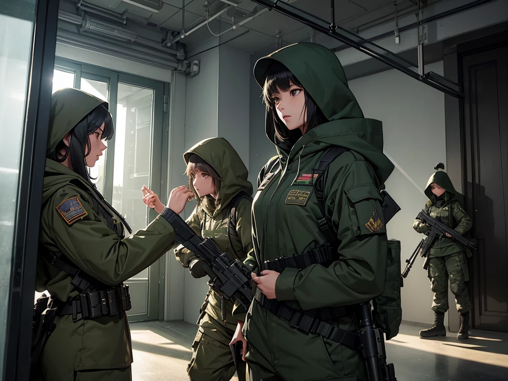 Three female soldiers fighting unarmed、Wearing dark green M-51 hooded military uniform、Hooded on head、Military Pants、Full set of individual equipment、Hand-to-hand combat、In front of the elevator door、best quality、Highly detailed CG、8K picture quality、Theatre lighting、lens flare