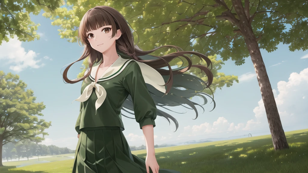 masterpiece, Highest quality, High resolution, aayoshino, , Slender, Long Hair, Twin Blade, Brown eyes, Hair that falls over the shoulders, , Sailor collar, neckerchief, Green Shirt, One piece sailor shirt, Long sleeve, Green Skirt, Long skirt, Are standing, Cowboy Shot, Outdoor, Person on the right, radiant face