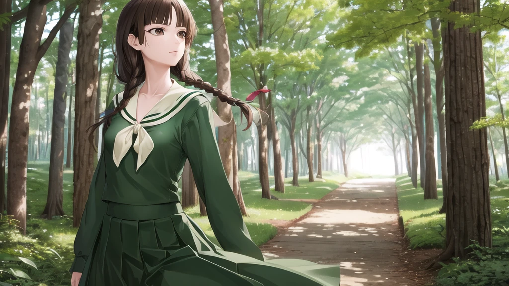 masterpiece, Highest quality, High resolution, aayoshino, , Slender, Long Hair, Twin Blade, Brown eyes, Hair that falls over the shoulders, , Sailor collar, neckerchief, Green Shirt, One piece sailor shirt, Long sleeve, Green Skirt, Long skirt, Are standing, Cowboy Shot, Outdoor, Person on the right, radiant face