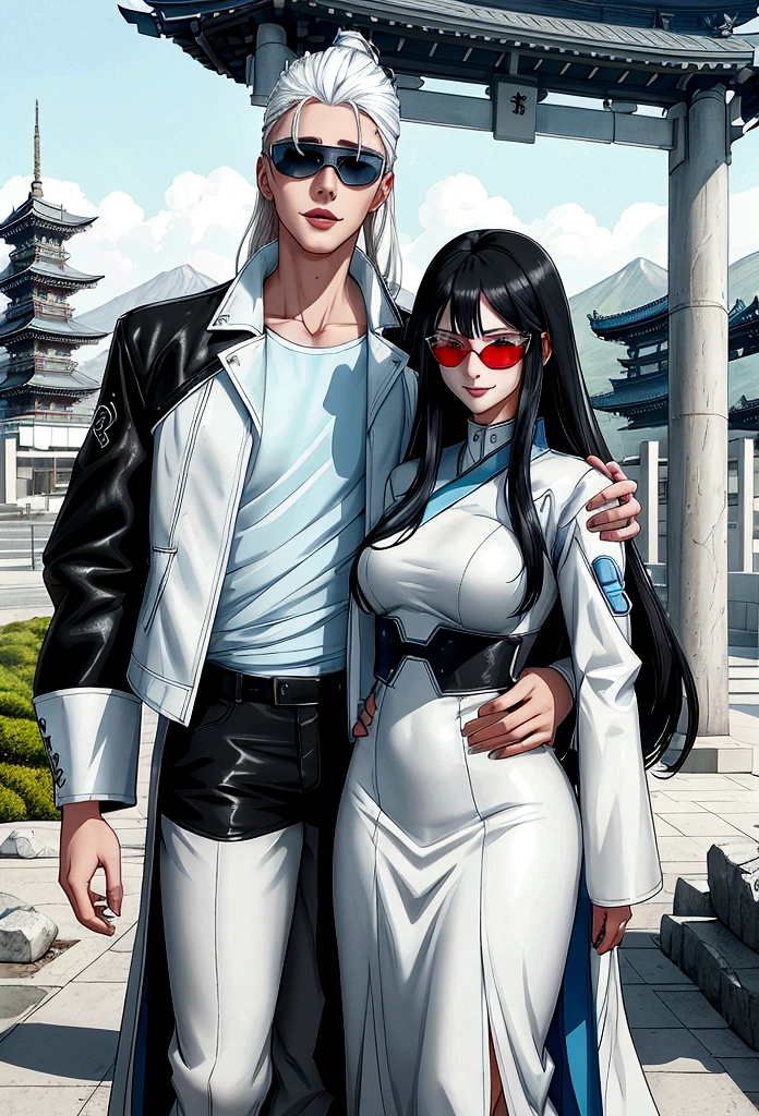 enerates an adult woman with long black hair and light blue eyes, futuristic white clothes wearing a leather jacket, a loving smile with an aura of tranquility, next to her tall teenage son with messy white hair and sunglasses, a happy mother with her son, a modern Japanese temple. landscape