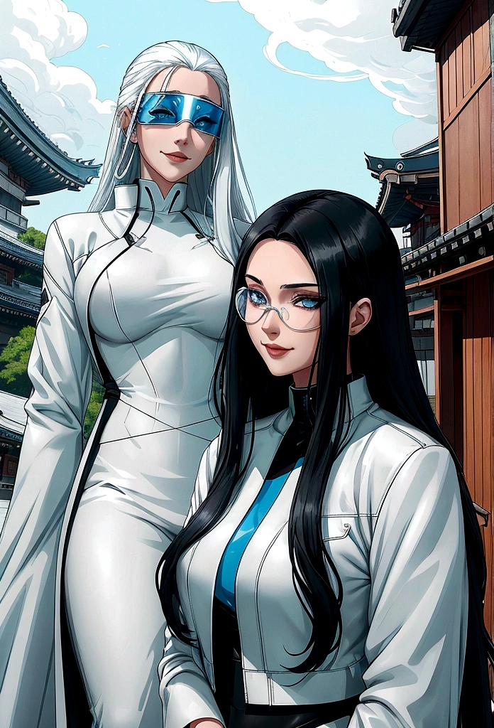 enerates an adult woman with long black hair and light blue eyes, futuristic white clothes wearing a leather jacket, a loving smile with an aura of tranquility, next to her tall teenage son with messy white hair and sunglasses, a happy mother with her son, a modern Japanese temple. landscape