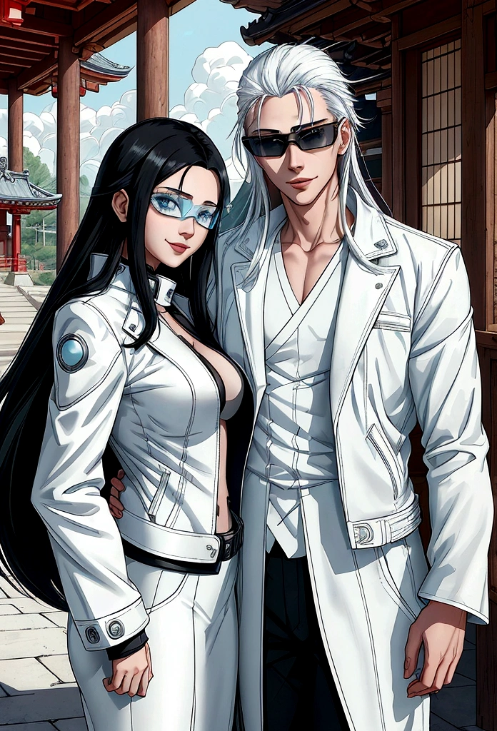 enerates an adult woman with long black hair and light blue eyes, futuristic white clothes wearing a leather jacket, a loving smile with an aura of tranquility, next to her tall teenage son with messy white hair and sunglasses, a happy mother with her son, a modern Japanese temple. landscape