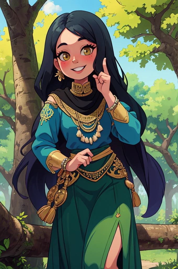 Portrait of middle eastern woman, Be proud and empowered of your cultural identity, very long skirt, outdoor, Smile, Dappled sunlight, masterpiece, tree,
best quality, masterpiece, intricate details, High environmental detail, Tone \(style\),