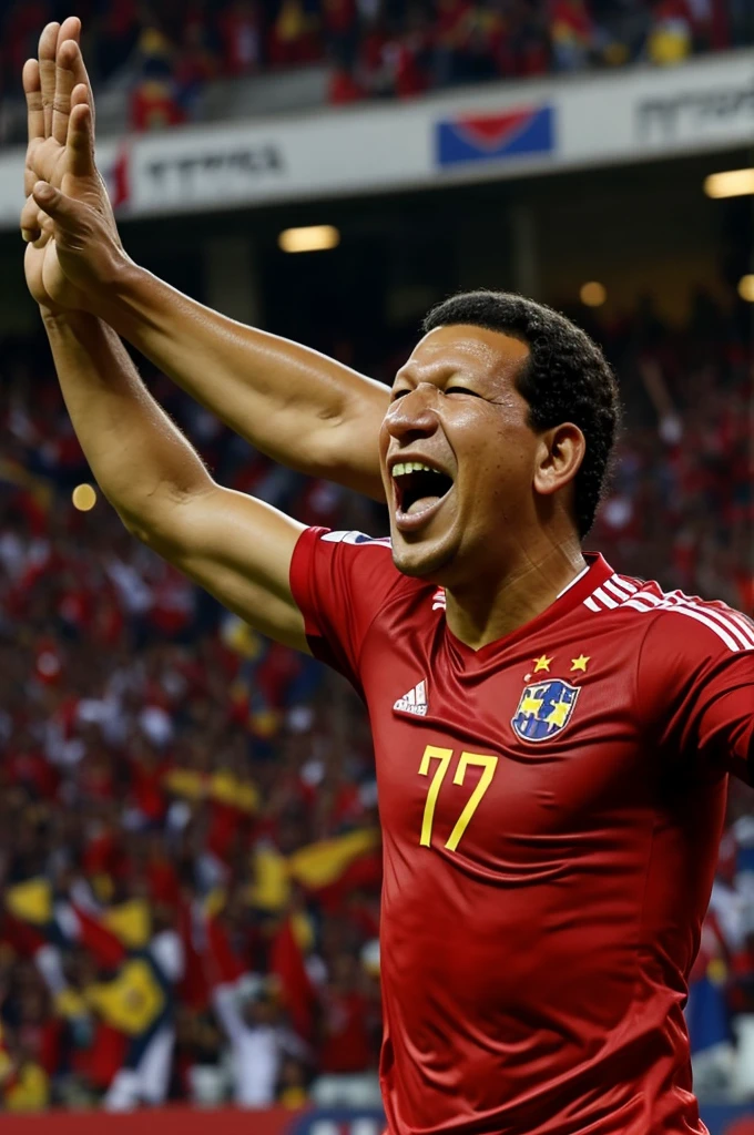 Hugo Chávez celebrating a goal with Venezuela 