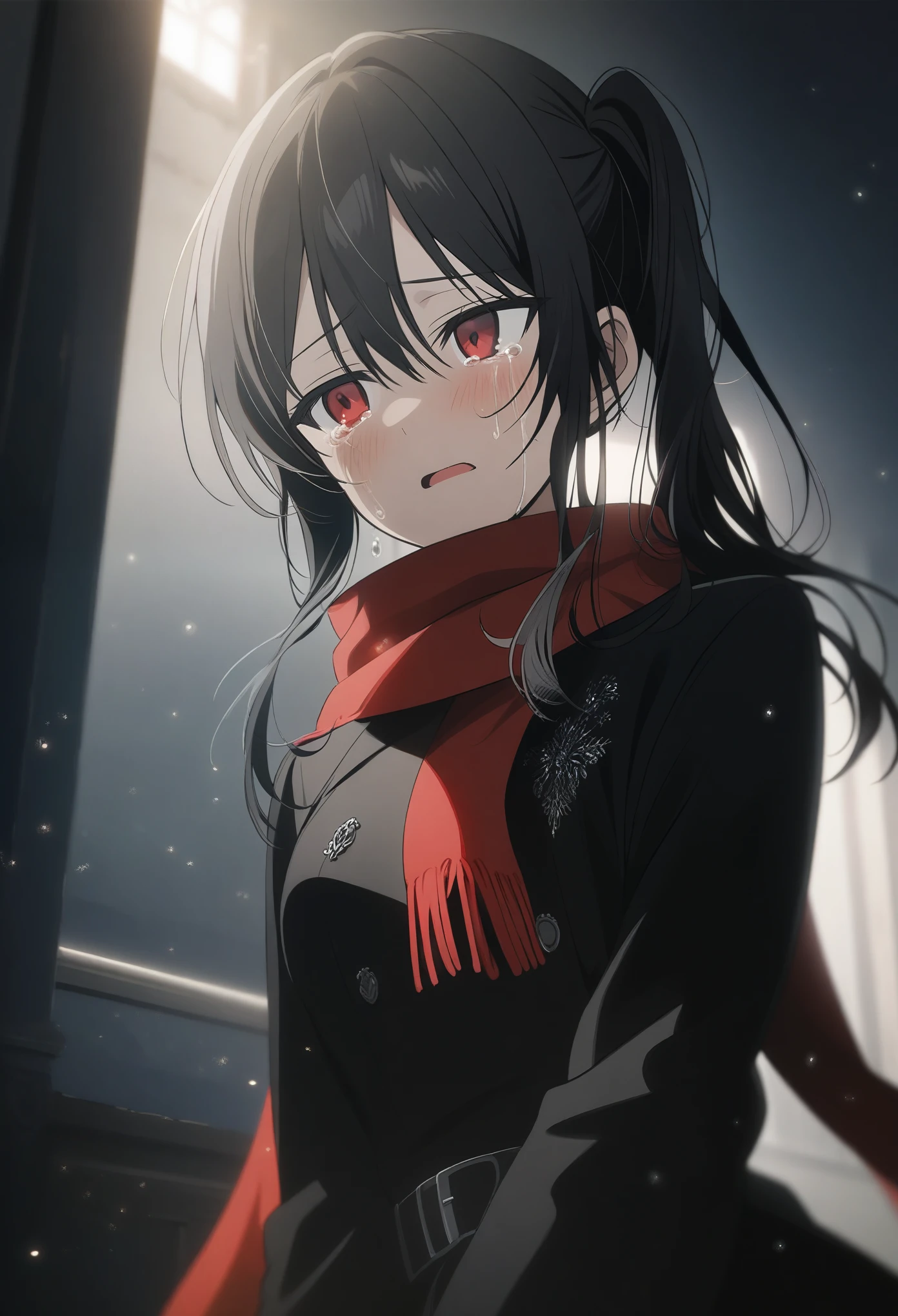 1girl chihuri, official art, sitting, crying, tears streaming, black coat, red scarf, black hair, side_ponytail, red eyes, (very aesthetic, best quality, ultra detailed), intricate details, highres, indoors, light particles, close-up, blurry background,, low angle, cinematic angle, cowboy shot, emotional, delicate features