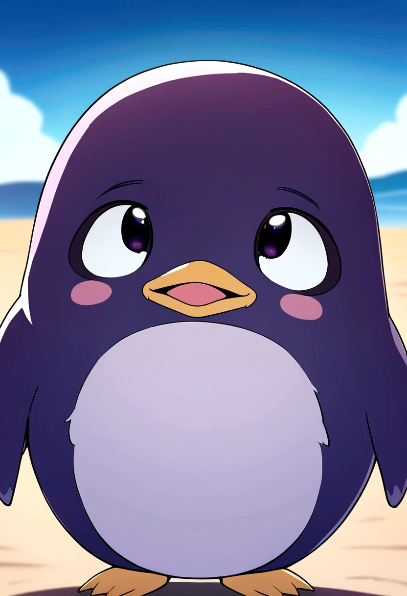 Cute animals, Adorable animals, Detailed hairy, Stand on two legs, Purple Penguin, a bit, No humans, Furry, start running、Face close-up, Ice Coast, blue sky, Soft lighting, Shallow depth of field, Digital Illustration, 8K, Deformed, Little, anime, animeスタイル