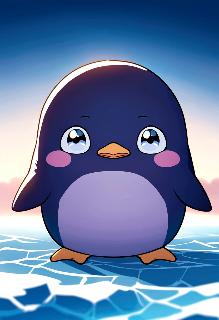 Cute animals, Adorable animals, Detailed hairy, Stand on two legs, Purple Penguin, a bit, No humans, Furry, start running、Face close-up, Ice Coast, blue sky, Soft lighting, Shallow depth of field, Digital Illustration, 8K, Deformed, Little, anime, animeスタイル
