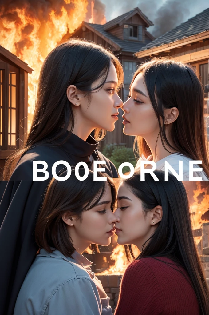 Book cover with friends looking at each other and house on fire
