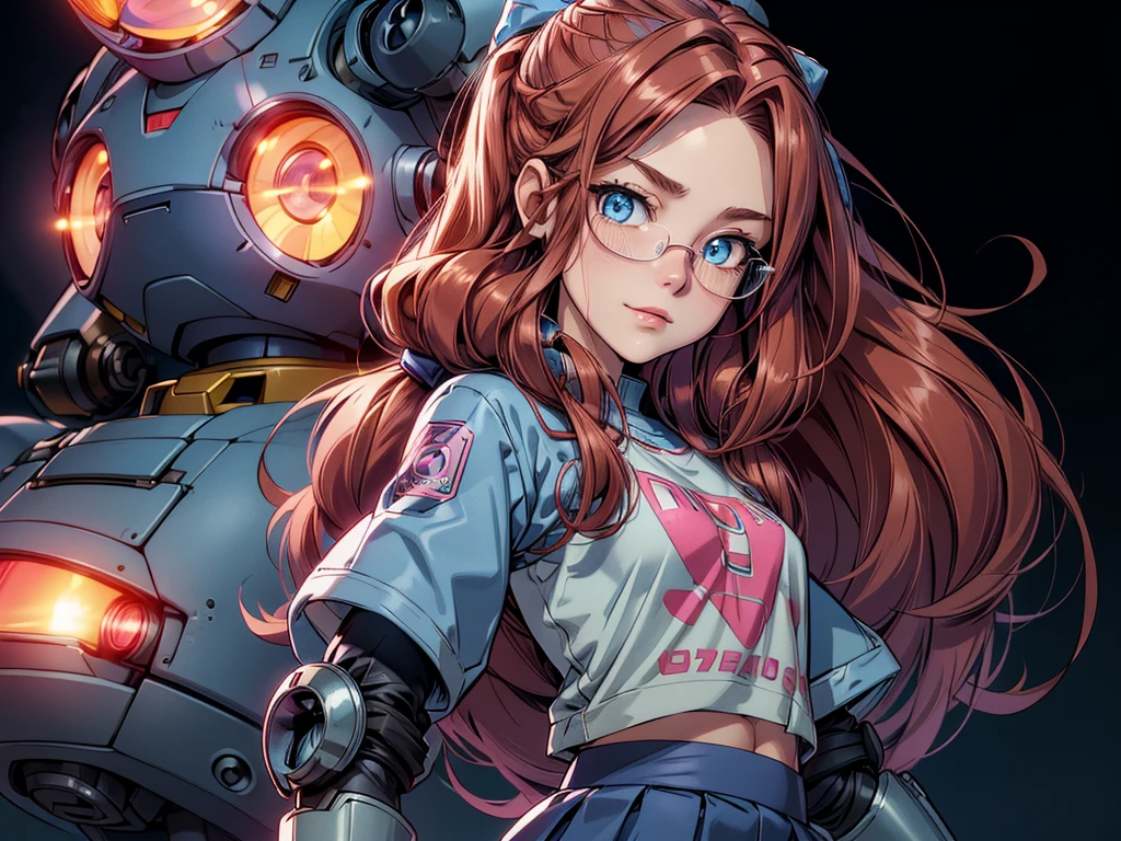 a girl and a (small flying robot) posing for the camera. she is a ((young girl)), slim, long red hair in layered braids, vibrant red hair. Blue eyes, narrow nose, (((detailed eyes))), round cheeks, full cheeks, youthful face, Soft jaw, round jaw, babyface, flat chest, tiny , bright smile, happy. Wearing a pink t-shirt under a light blue jacket, dark blue skirt, pink rimmed glasses, bows in her hair. technological gauntlets, she wears high tech wrist bands, blinking lights, shiny metal. The robot is spherical with a single red light in the middle, visible wires, dark metal, it hovers near her head. Good eyes. (best quality,4k,8k,highres,masterpiece:1.2), robot background, several robots stand or hover in the background.

