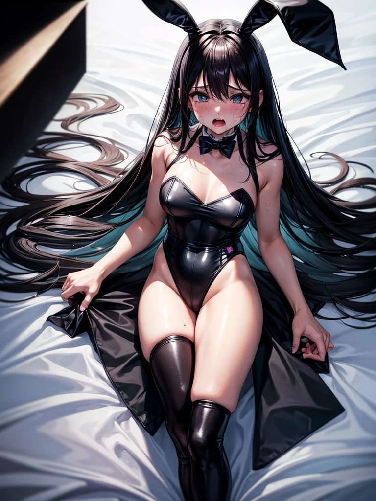 Highest quality,Highest Resolution,Black Bunny Leotard,Crying face,Open your mouth and drool,Dripping a lot of saliva,Bedroom,bed,whole body,