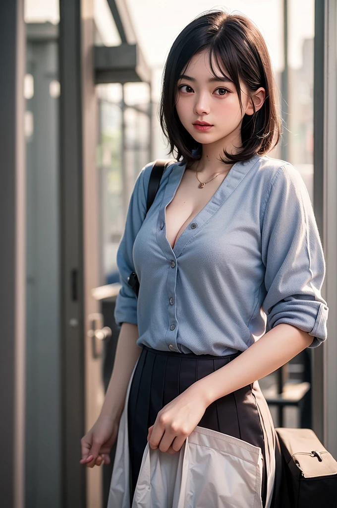 (1 nogizaka girl,ars old face,raw photo,photo realistic:1.5),(best quality, high quality,HDR, highest quality,ultra high resolution,high resolution,high res,ultra high difinition,huge file size,8K,2K wallpaper,8K wallpaper,high quality texture,amazing,an extremely delicate:1.4),one girl, Japanese famous idol,cute face,small face,absurd,ridiculous,incredibly ridiculous,blurry background,(school uniform,short hair,cleavage,no makeup:1.2),medium skin,beautiful skin,detailed skin,black hair,silky hair,black eyes,Japanese nose,5-fingers,(Light Particles, Lens Flare, Luminous Particles: 0.7),looking at viewer,bright lighting,professional lighting,girl