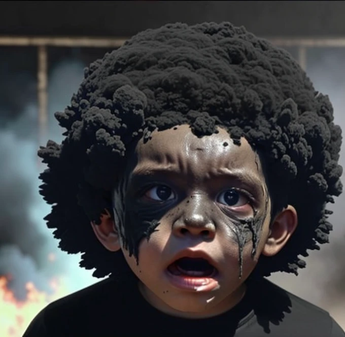 A boy covered in soot gets caught in an explosion during a comedy-drama explosion scene