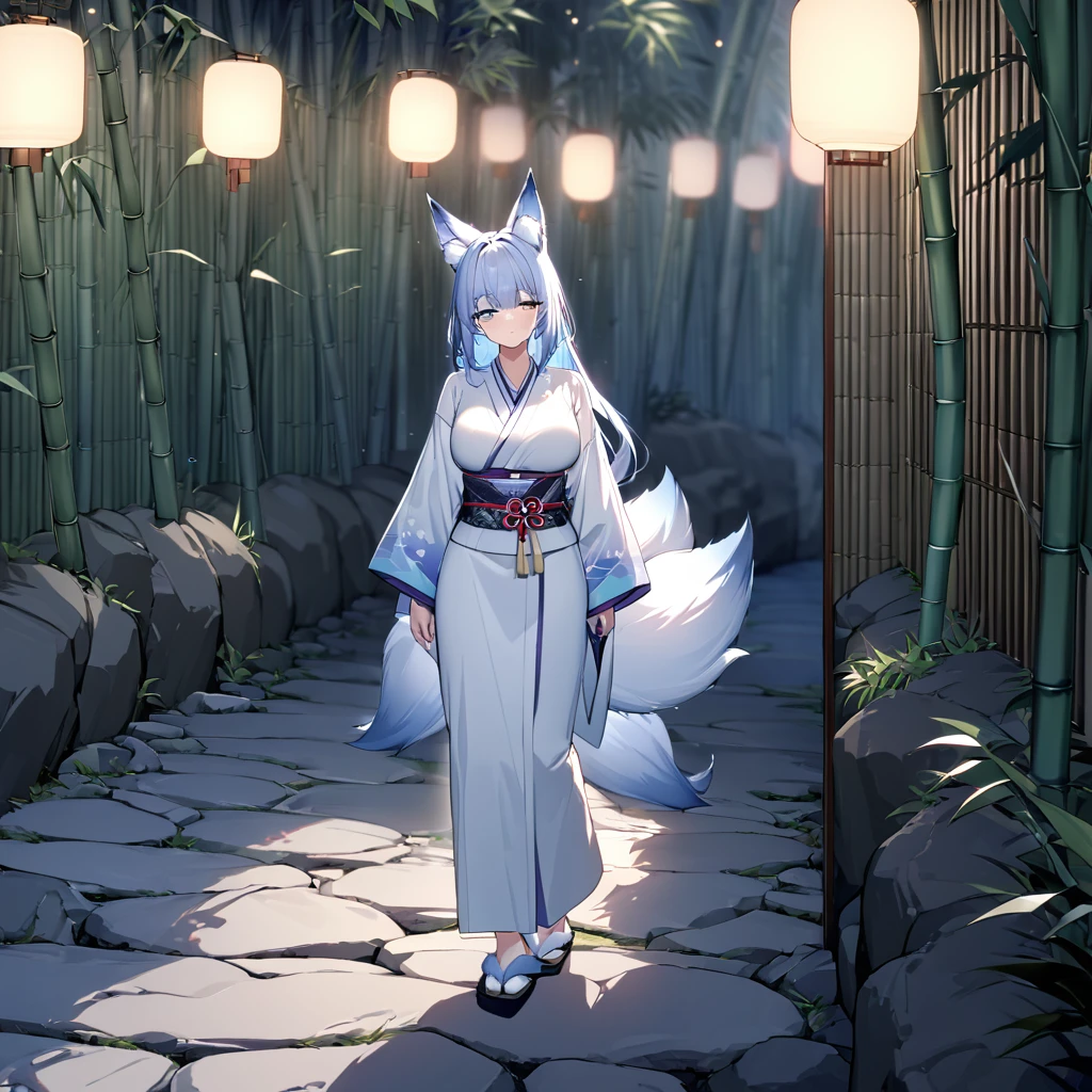 A woman wearing a white kimono with bamboo wishes on the kimono, long-sleeved kimono, faint blue hair, faint blue eyes, sleepy face, kitsune ear, kitsune tail, multi tail, traditional Japanese slippers, large breasts, walking in a traditional stone sidewalk, with bamboo trees around, bamboo in the background, illuminated place, shimen shinto around.,.UHD , prime work , accurate , anatomically correct , textured skin , super details , high quality , best quality, 8k, high resolution, bokeh effect. (woman solo), close view.
