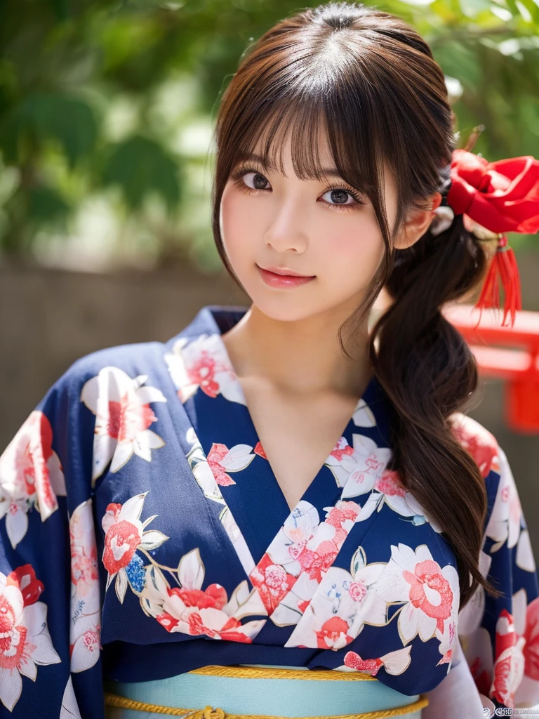 (8k、high resolution、High resolution、Fine details)Beautiful eyelashes、High resolutionの顔、Zoom out、18 years old、 Beautiful detailed eyes、Random cute hairstyles、c cup breasts、yukata、Summer festival、Japan、Standing posture、whole body