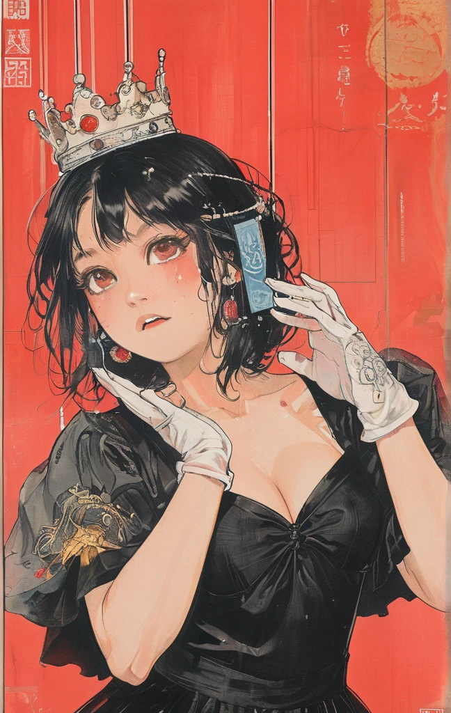 masterpiece, best quality, 1girl, gloves, solo, tongue, red background, black gloves, tongue out, long hair, elbow gloves, bangs, puffy sleeves, open mouth, grey hair, short sleeves, looking at viewer, hands on own face, upper body, blunt bangs, puffy short sleeves, colored tongue, heart, black dress, dress, hands on own cheeks, red eyes, facial mark, crown, simple background, tattoo, string, teeth, halftone
