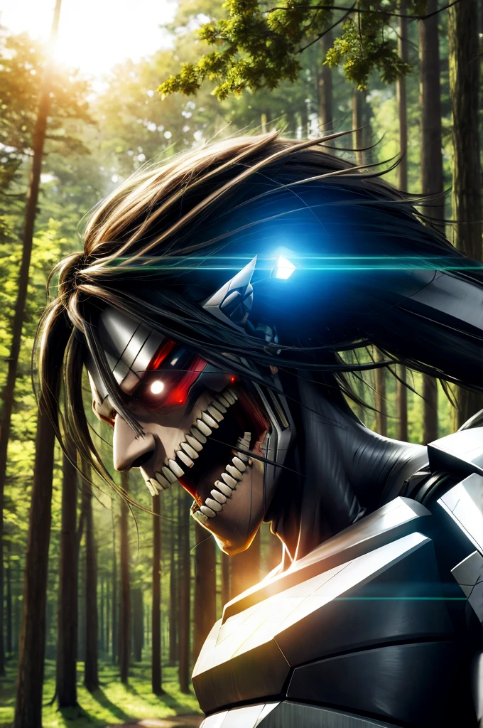 attack_Giant, Half Body, sunlight, forest, Head Focus, Sharp teeth、Half Robot、Near future