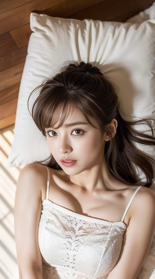 Dark brown hair、Light brown eyes、Japanese actress、 Lady、I am about 40 years old...、(Intricate details:1.2)、(Which is the top???:1.4)、 (Ultra-high resolution:1.2)、Ultra-high resolution、(Finely tuned)、(Detailed facial features)、Hmph、8K resolution、D cup size breasts、Long Hair、Updostyle, Updo、Hair Bun、1 Girl, Deep sorrowの表情, (Very detailed美しい顔), (camisole:1.5), (Bare shoulders:1.3), (Highest quality:1.4), (Very detailed)、Beautiful fair skin with transparency, Are sleeping、Sleeping on the floor、Top View、 Spread your legs wide, Open your mouth a little、Her legs are visible through the dress、Deep sorrow、Pose of Weakness、Obscene pose、White floor、White wall、The morning sun shines in、Sleep on your side。