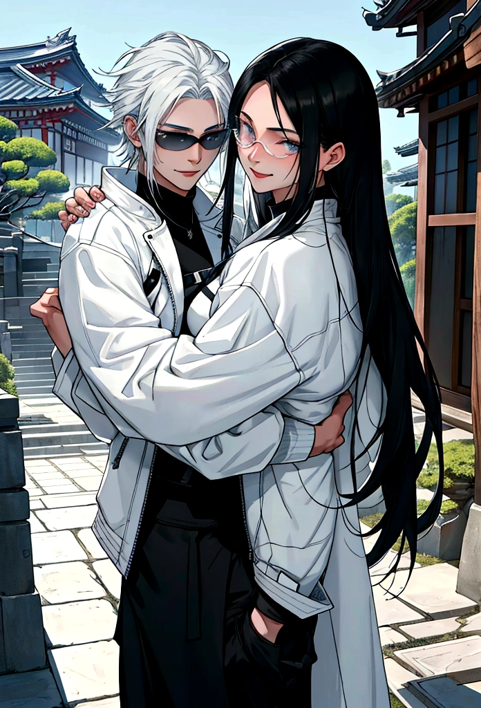 generates an adult woman with long black hair and light blue eyes, futuristic white clothes wearing a leather jacket, a loving smile with an aura of tranquility, next to her tall teenage son with messy white hair and sunglasses, a happy mother with her son, a modern Japanese temple. landscape