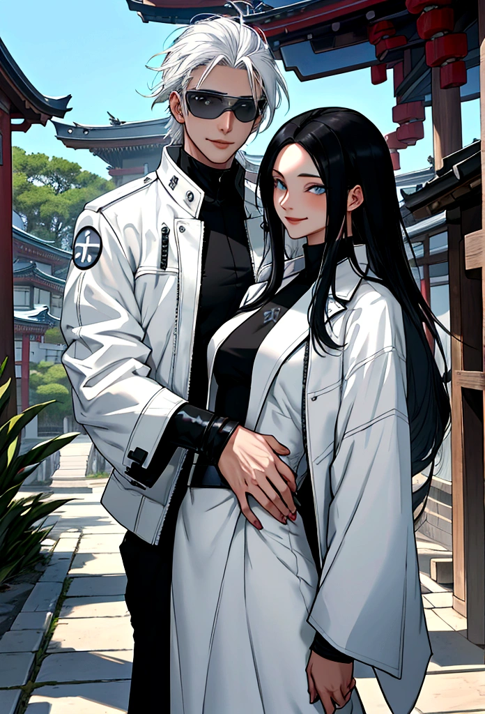 generates an adult woman with long black hair and light blue eyes, futuristic white clothes wearing a leather jacket, a loving smile with an aura of tranquility, next to her tall age son with messy white hair and sunglasses, a happy mother with her son, a modern Japanese temple. landscape