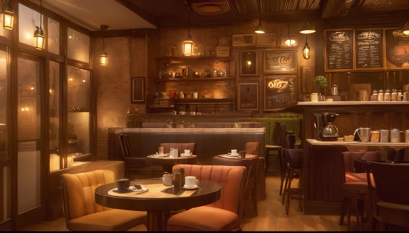 there is a table with a cup of coffee on it in a restaurant, cozy cafe background, detailed an empty jazz cafe, cafe interior, cozy atmosphere, detailed lighting and textures, fantasy bakery interior setting, cafe, coffee shop, pleasant cozy atmosphere, cafe lighting, cosy atmosphere, relaxing concept art, detailed textures and lighting, speakeasy bar background