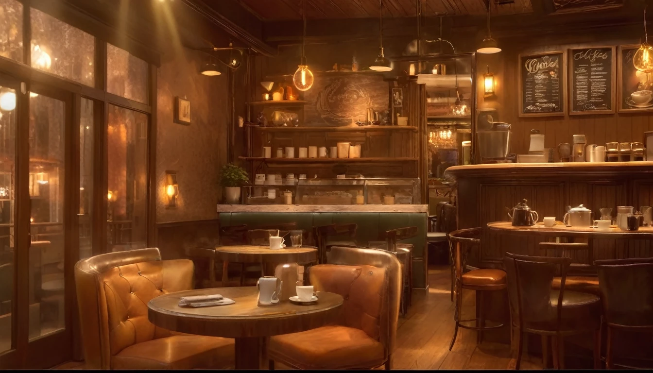 there is a table with a cup of coffee on it in a restaurant, cozy cafe background, detailed an empty jazz cafe, cafe interior, cozy atmosphere, detailed lighting and textures, fantasy bakery interior setting, cafe, coffee shop, pleasant cozy atmosphere, cafe lighting, cosy atmosphere, relaxing concept art, detailed textures and lighting, speakeasy bar background