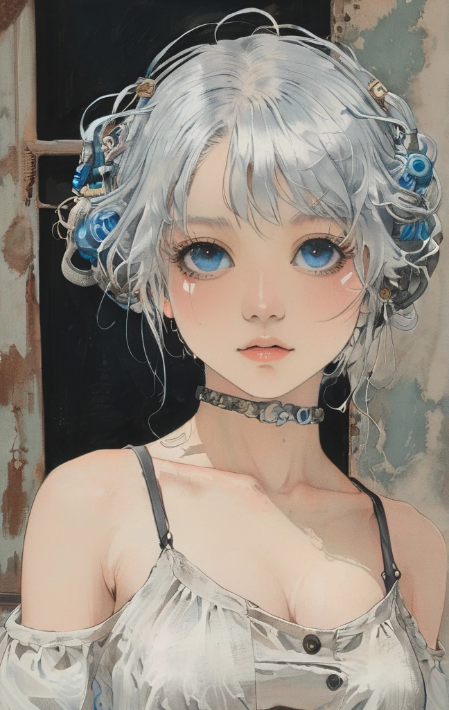 female,silver hair,blue eyes,short camisole,crop shirt,Off shoulders,white,Art, anime,illustration