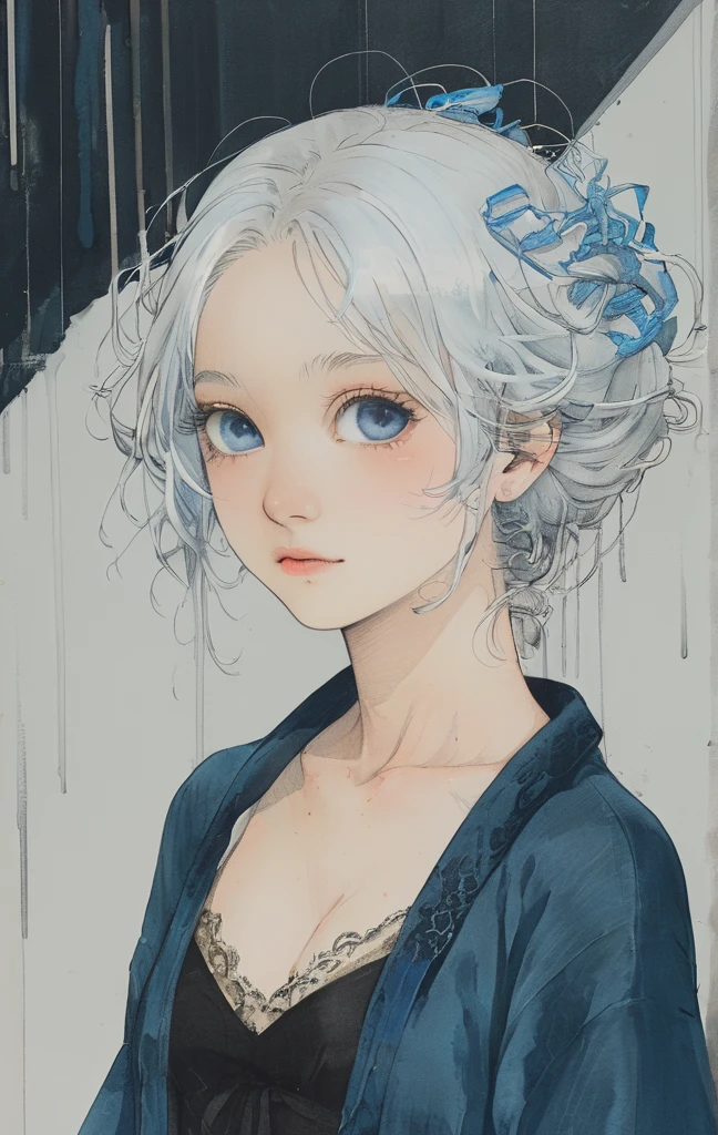  female，silver hair，blue eyes，short camisole，crop shirt，Off shoulders，white，Art， anime，illustration