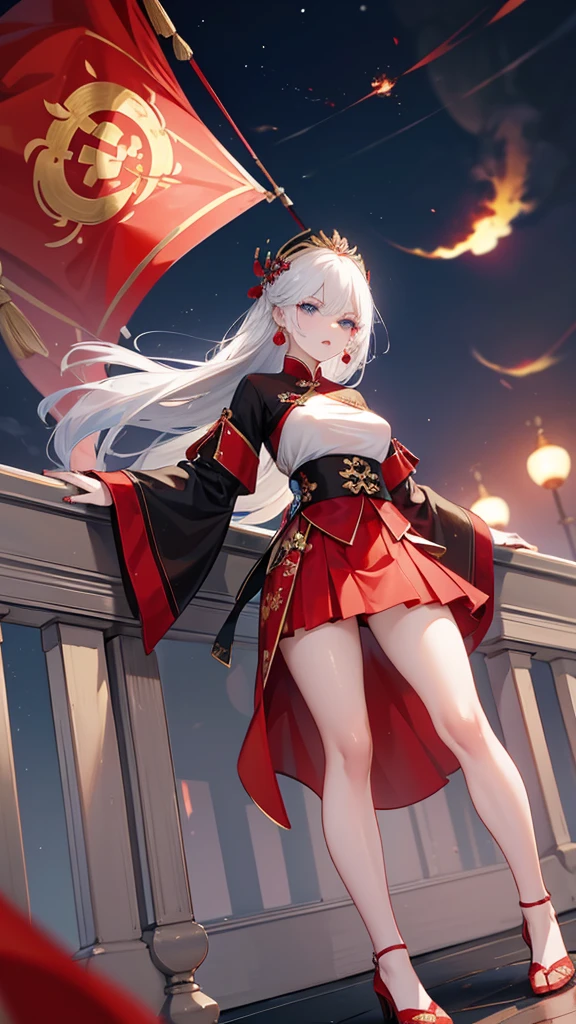 A female empress, white-haired, with intense blue eyes, red nails, with notable physical characteristics, mostrando os peitos, legs open showing pussy, with an angry face and a provocative look, with open mouth. Wearing traditional Chinese imperial clothing, decorated in gold with black details, with red Hanafuda earrings, with a short red skirt. Standing on a balcony of a Chinese castle with a sunset and flags in the background.