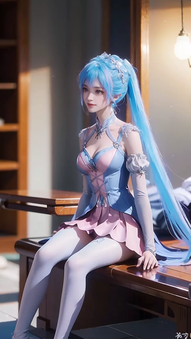 masterpiece, best quality, tthl, 1 Girl, , Solitary, Long hair:1.2, Large Breasts, Bangs, Hair accessories, skirt, Bare shoulders, Jewelry, Brown hair, Alternative clothing, bracelet, ear rings, 长skirt, 蕾丝skirt, bracelet, barefoot, 细barefoot, Charming smile,Cross your legs, Sitting in the bathtub, indoors, From below,camisole,Double tail,Colored hair,Blue and Pink Ombre Hair