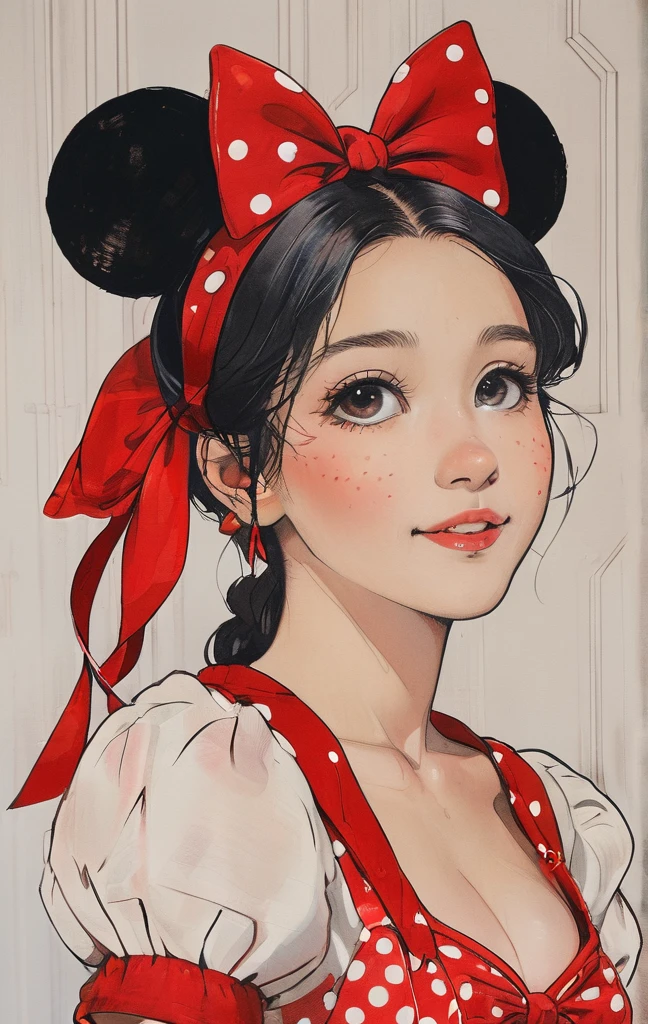 Beautiful woman in the same outfit as Minnie Mouse、smil、Dark hair、Black eyes、She wears a red ribbon with white polka dots on her head、The background is pop and cute...